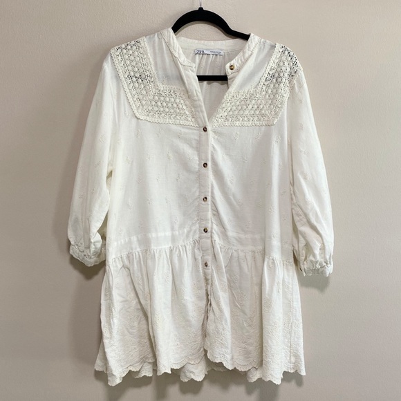 Zara White Embroidered Crochet Cottage Mini Dress Size Small - Picture 1 of 9